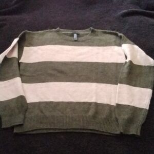 Aqua Women's Olive and Cream Striped Crewneck Sweater